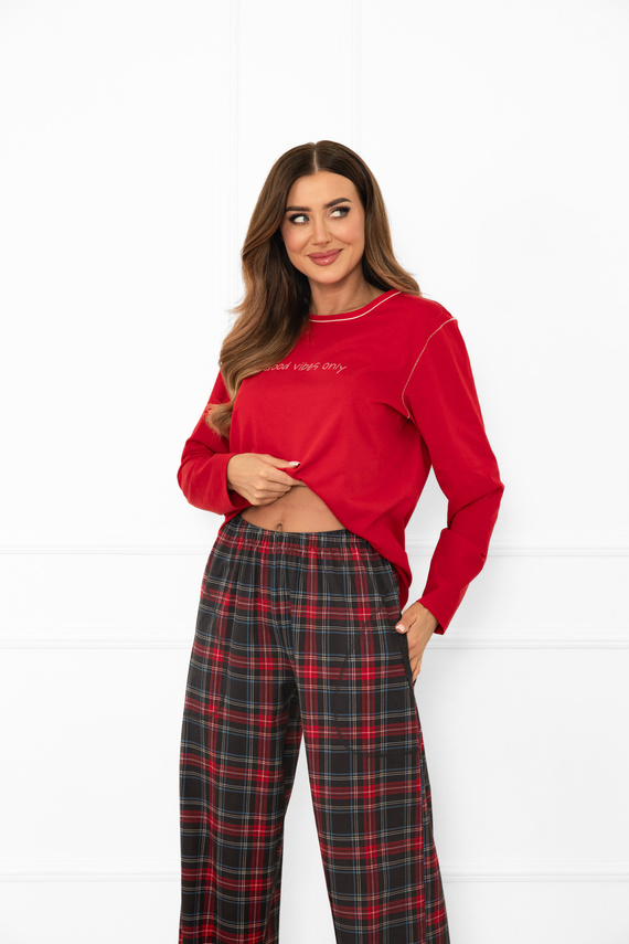 Italian Fashion női pizsama piros színben - pamut, hosszú ujjú és nadrág, kockás