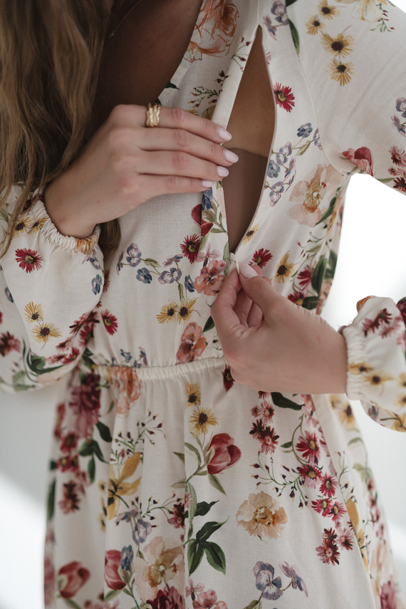 Lovely Dress Midi Milk&Love krémszínű virágos kismama és szoptatós ruha vászonból, elegáns szabás, szoptatós cipzárral