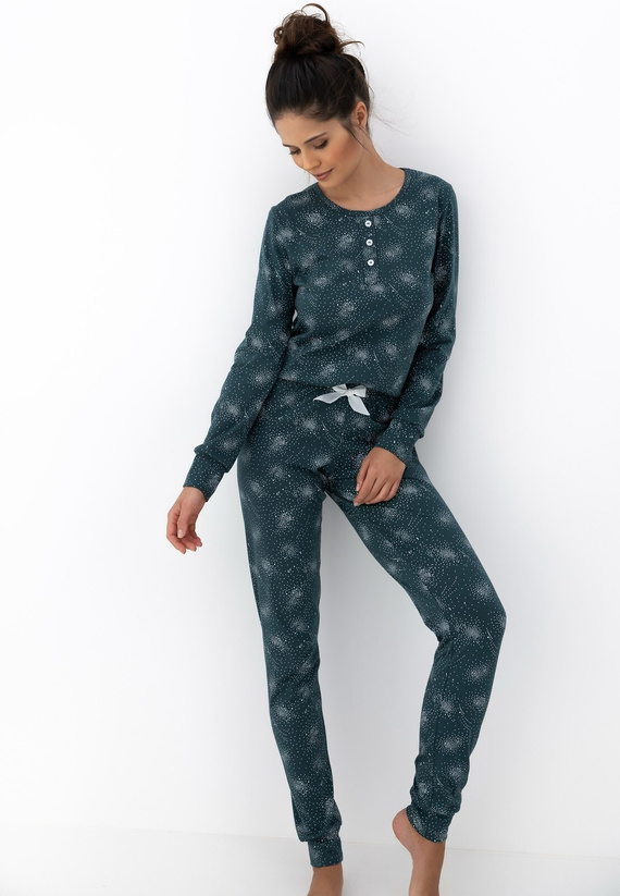 Ellison Sensis női pizsama zöld - hosszú ujjú pamut pizsama bordázott mandzsettával