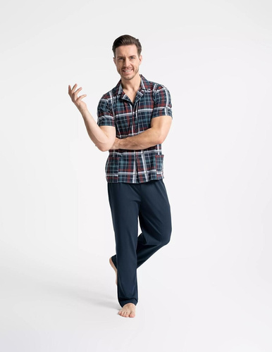 Moraj férfi pizsama PDM6200-003 sötétkék, gombos, pamut zsebekkel