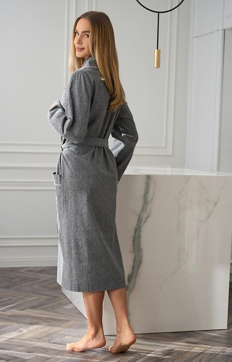 2530 Coco Női fürdőköpeny L&L szürke - hosszú, pamut, rózsaszín csíkozással