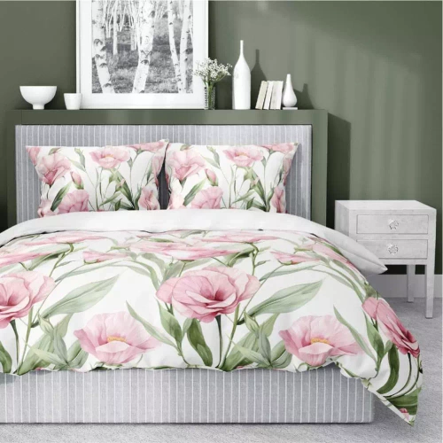 5328 B Pościel satynowa Różowe kwiaty duży na białym tle Detexpol