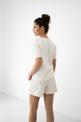 Jemma Sensis női pizsama ecru/bézs, pamut, rövid ujjú, csíkos