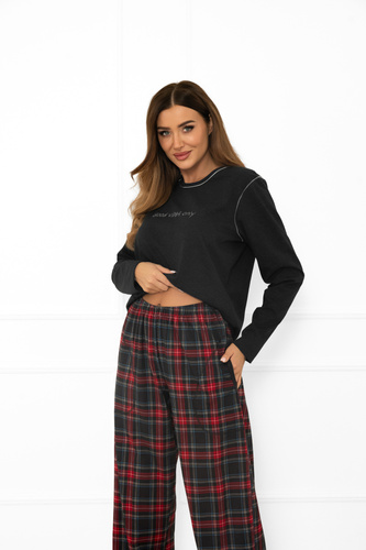 Italian Fashion női pizsama sötét melange-pamut, hosszú ujjú és hosszú nadrág, kockás