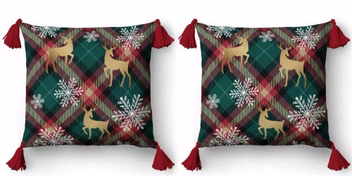 5381 Karácsonyi dekoratív párnahuzat karácsonyi dekoratív párnahuzat karácsonyi dekorációs rénszarvas és hópelyhek rácsos háttéren - cipzár