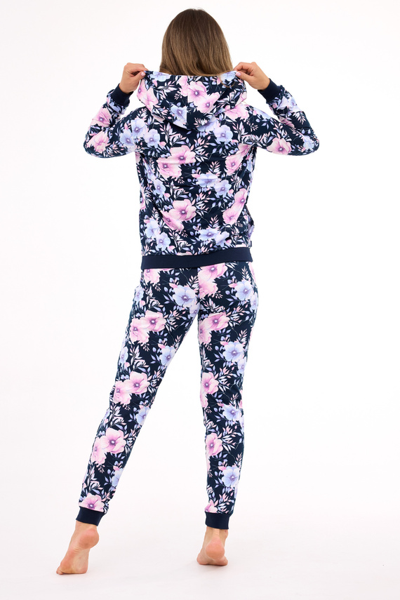 355/464 Maddie Cornette női pizsama - sötétkék 3 részes, virágos blúzzal és kapucnis pulóverrel