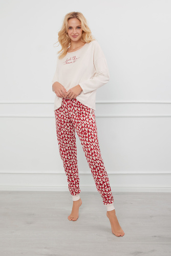 Evora Női pizsama hosszú ujjú, hosszú nadrág olasz divat - ekrü/print