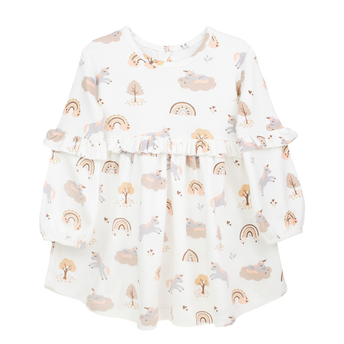 141970 Nicol hosszú ujjú ruha - krémszínű pamut egyszarvúval