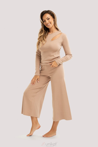 Zen pizsama bézs - elegáns pamut pizsama hosszú ujjú, 7/8 hosszúságú nadrággal