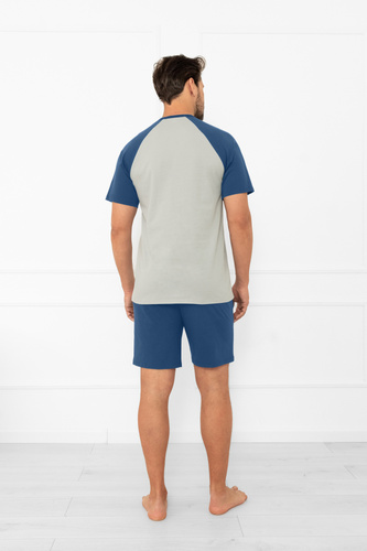 Férfi pizsama Alexander Italian Fashion - rövid ujjú és rövidnadrág, 100% pamut - szürke/jeans