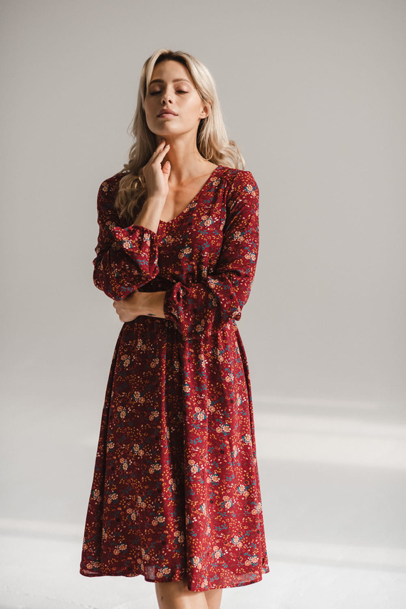 Lovely Dress Midi kismama és szoptatós ruha a Milk&Love-tól - bordó virágos, hosszú ujjú, hosszú ujjú