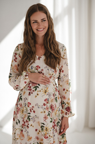 Lovely Dress Midi Milk&Love krémszínű virágos kismama és szoptatós ruha vászonból, elegáns szabás, szoptatós cipzárral