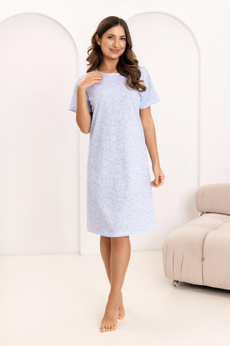 169 Regina hálóing kék - pamut, virágmintás, félkör alakú nyakkivágással