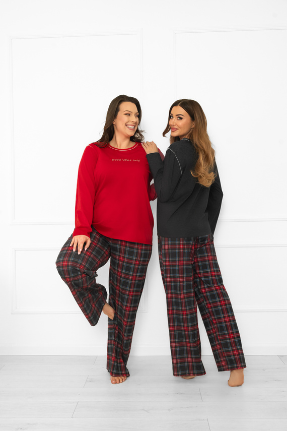 Italian Fashion női pizsama sötét melange-pamut, hosszú ujjú és hosszú nadrág, kockás