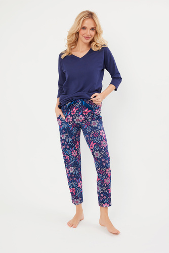 Folk Női pizsama 3/4 ujjú, 7/8 nadrág olasz divat - tengerészkék/print