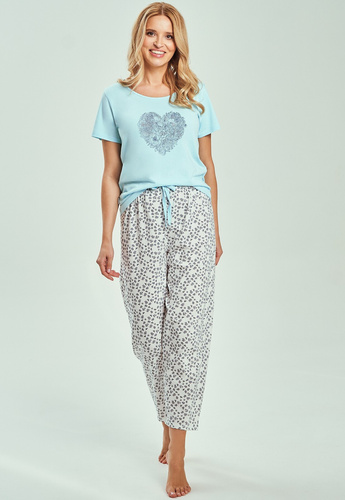 3513 Alessia Női türkizkék pizsama - 100% pamut, rövid ujjú póló, 7/8 nadrág
