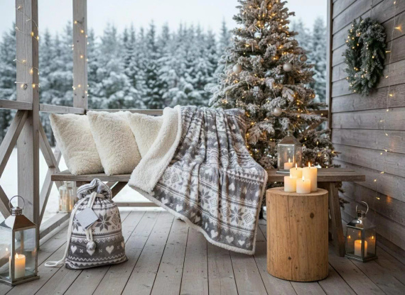 SACO karácsonyi takaró szürke - puha és meleg, norvég hópehely mintával, díszes zacskóban