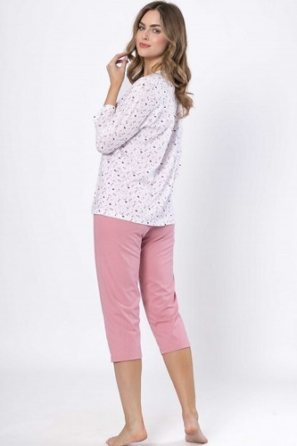 Női pizsama Dobrusia 1636 - rózsaszín pamut, 3/4-es ujjú, gombos, gombos