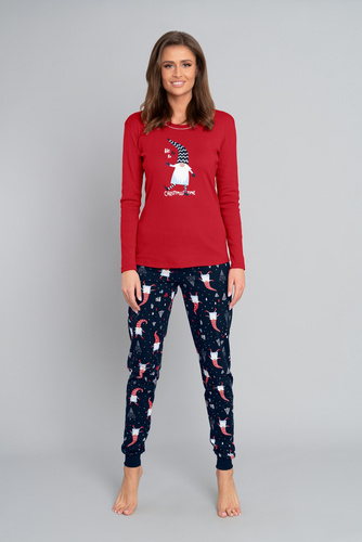 Gnome női hosszú ujjú pizsama és hosszú nadrág Talian Fashion- piros/print