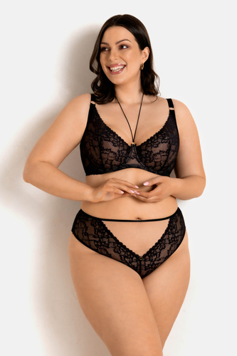 19235 Magic Soft Mediolano melltartó - puha, hússzínű tüll és fekete csipke, díszes kötéssel