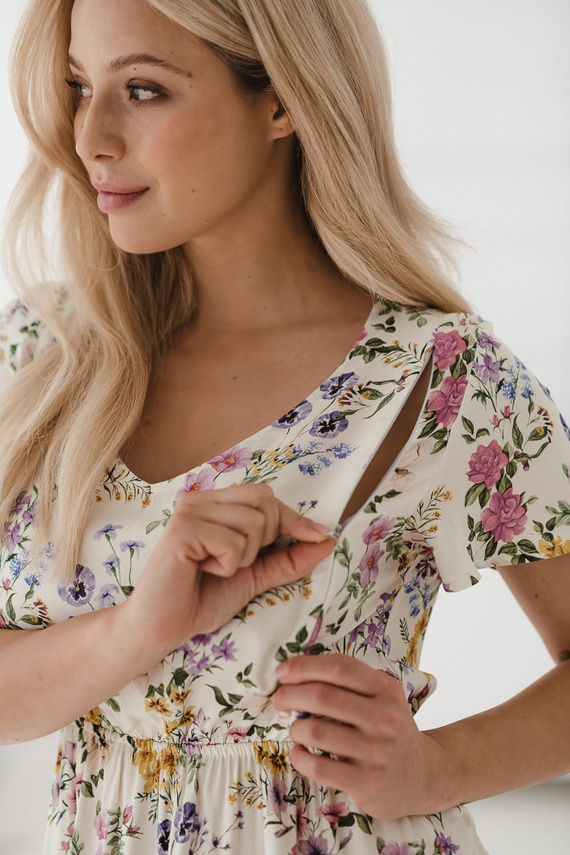 Lovely Dress kismama és szoptatós rövid ujjú Milk&Love krémszínű virágos ruha