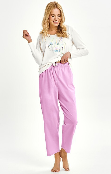 3459 Monica Női pizsama Taro krém - 100% pamut, hosszú ujjú, virágmintás, hosszú ujjú, virágmintás