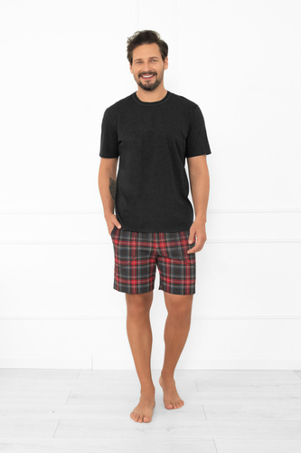 Rusoli férfi pizsama olasz divat sötét melange - kockás pamut rövid kényelmes
