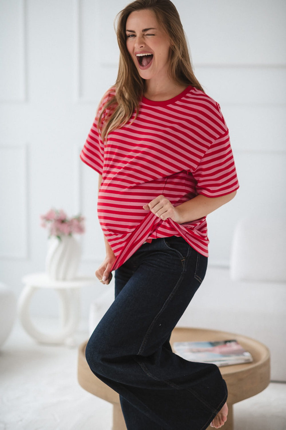 Mamahood Terhesség és szoptatás Milk&Love piros-rózsaszín csíkos póló - kényelmes és elegáns