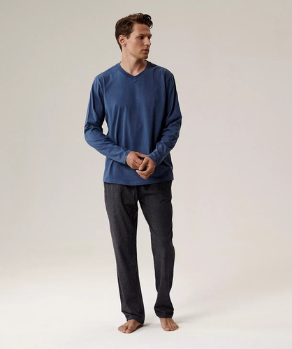 Férfi pizsama NMP-389 Atlantic - kék pamut, hosszú ujjú, stílusos szett a hűvös éjszakákhoz