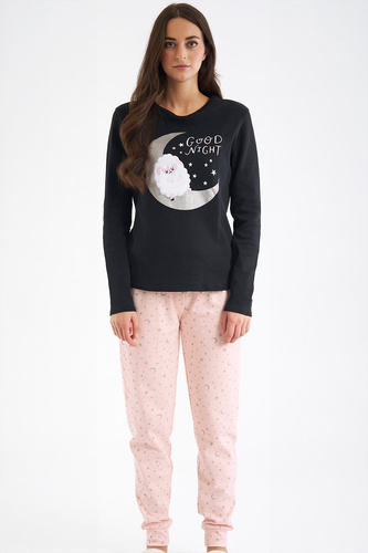 Shearly Női pizsama Sorbetto fekete - 100% pamut, 3D applikáció, húzózsinóros nadrág