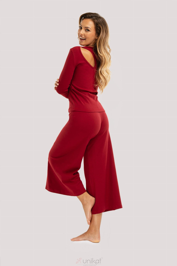 Maroon Zen pizsama - elegáns pamut pizsama hosszú ujjú, 7/8 hosszú nadrággal