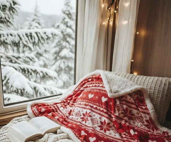 SACO karácsonyi takaró piros - puha és meleg, norvég hópehely mintával, díszes zacskóban