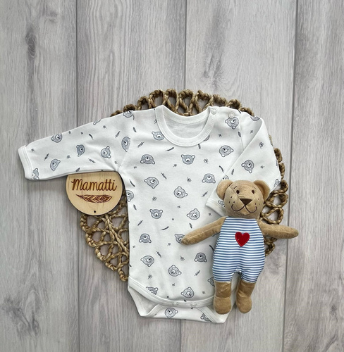 BD16426 Mamatti baba body macis mintával, hosszú ujjú, pamut, fehér