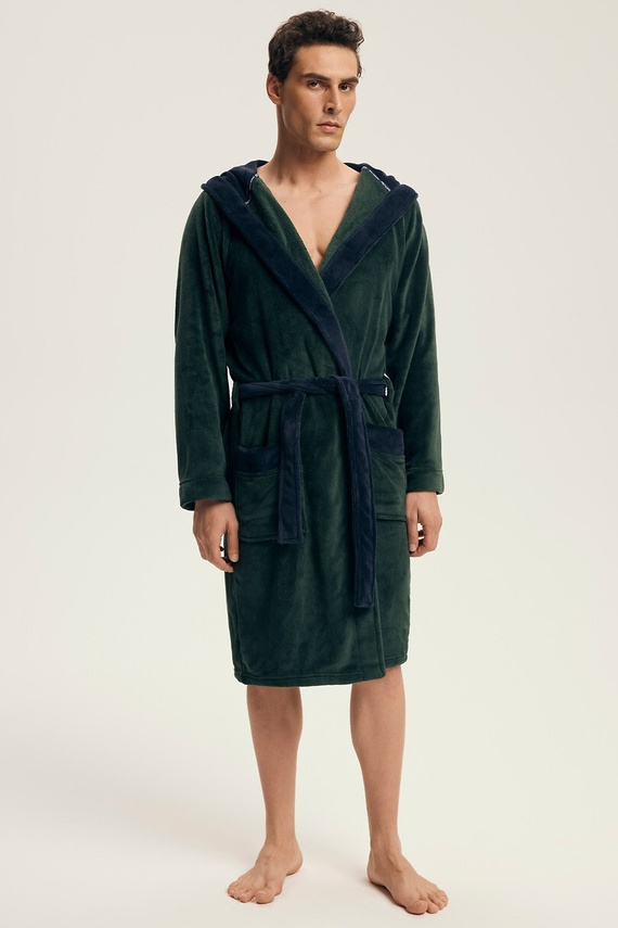 Henderson férfi fürdőköpeny 43377 Natch zöld- kapucni, meleg kötés, kényelem és elegancia