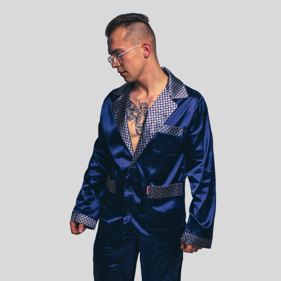 939 Férfi szatén pizsama - tengerészkék