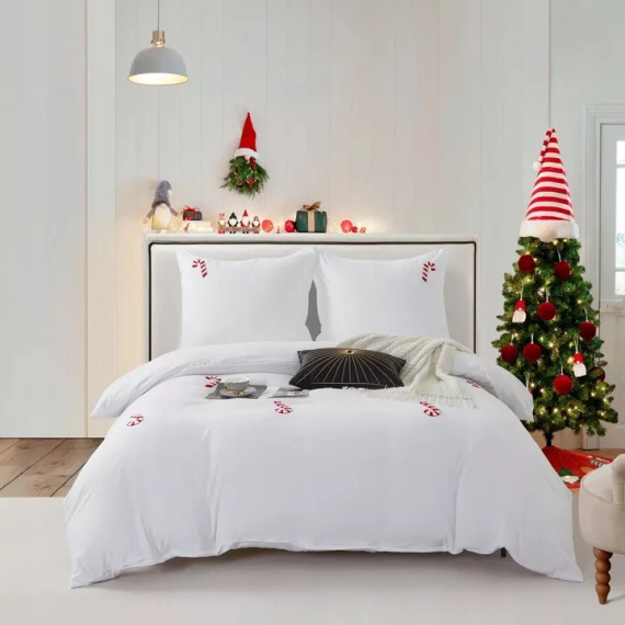 Cuty Candycanes karácsonyi mikroszálas ágynemű Spod Igły i Nitki - fehér, 3D cukornád applikációkkal, cipzáras záródással