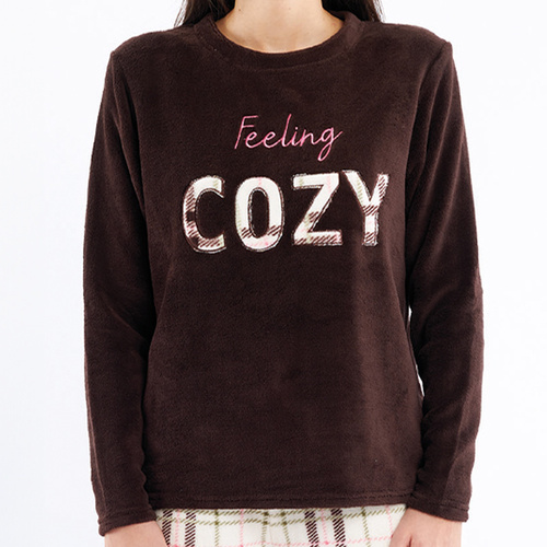 Liliana Sorbetto barna pizsama - meleg kockás gyapjú hímzéssel