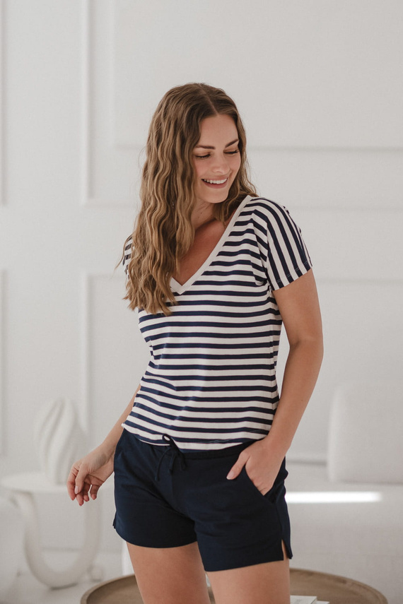 Two Ways Terhesség és szoptatás blúz | Rövidujjú, kényelmes Milk&Love sötétkék és fehér csíkos, rövid ujjú
