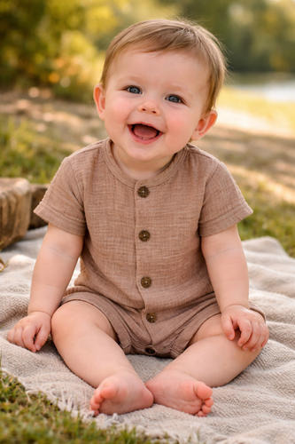 Baby Rampers Just Muslin 02235RL Makoma latte- muslin 100% pamut, rövid ujjú, rövid ujjú