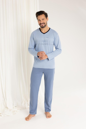 Regina 495 - kék férfi hosszú ujjú pamut pizsama, klasszikus szabásvonalú