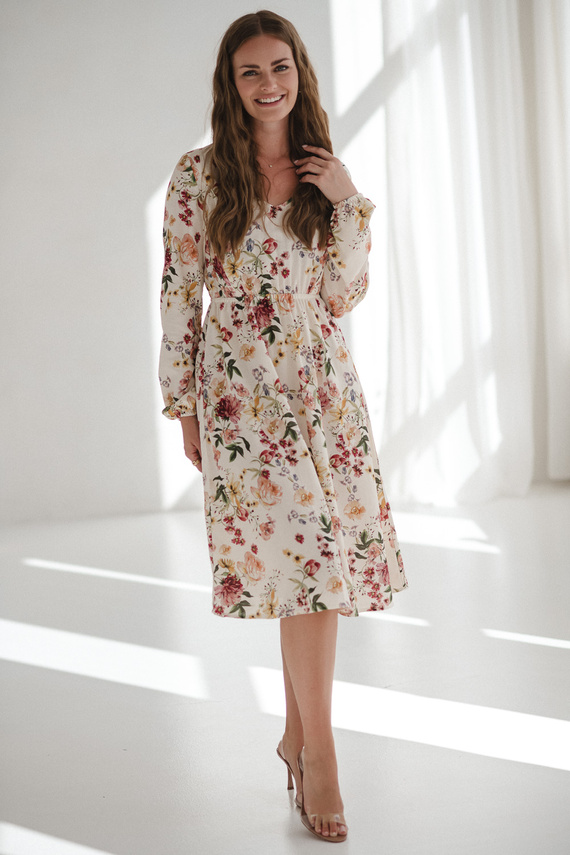 Lovely Dress Midi Milk&Love krémszínű virágos kismama és szoptatós ruha vászonból, elegáns szabás, szoptatós cipzárral