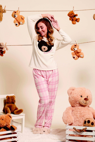 Madlen Női pizsama Sorbetto ecru - fleece, mackó hímzéssel és kockás nadrággal