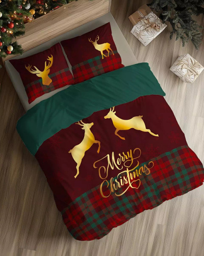 5827 A Christmas Dreams Detexpol kockás pamut ágynemű Merry Christmas rénszarvasokkal - karácsonyi szett 100% pamut