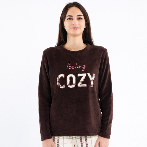 Liliana Sorbetto barna pizsama - meleg kockás gyapjú hímzéssel