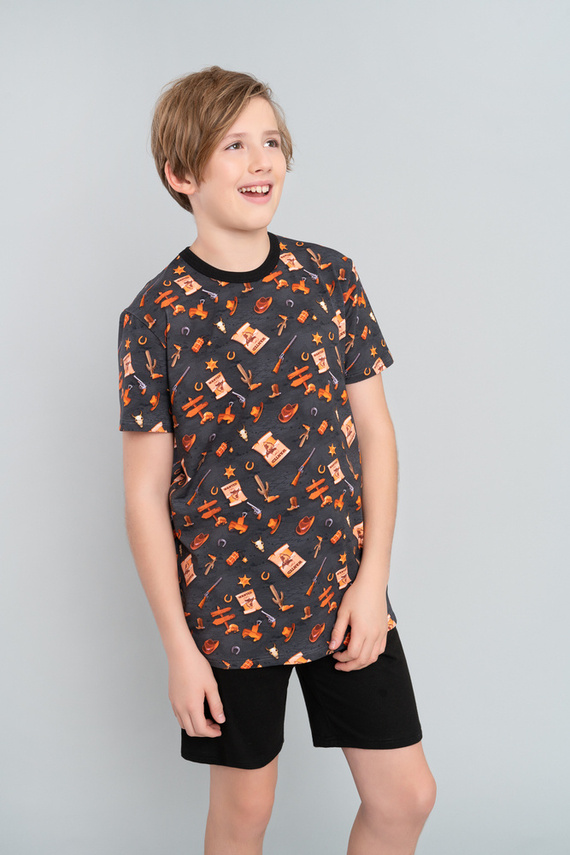 Western fiú pizsama rövid ujjú, nadrágos Italian Fashion- grafit/fekete