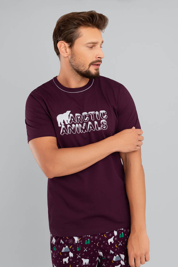 Manfred Férfi rövid ujjú pizsama, hosszú nadrág Olasz divat - bordó/print bordó