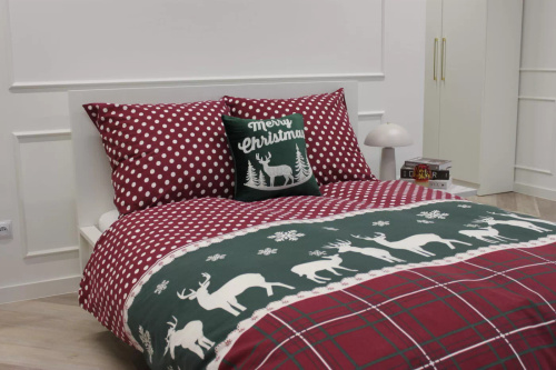 Xmass karácsonyi pamut ágynemű Spod Igły i Nitki - rénszarvas kockás piros borsó zöld, zipzáras szett, 100% pamut, 100% pamut