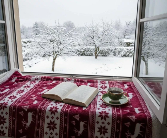 SACO karácsonyi takaró bordó - puha és meleg rénszarvasokkal és karácsonyfákkal díszes zsákban