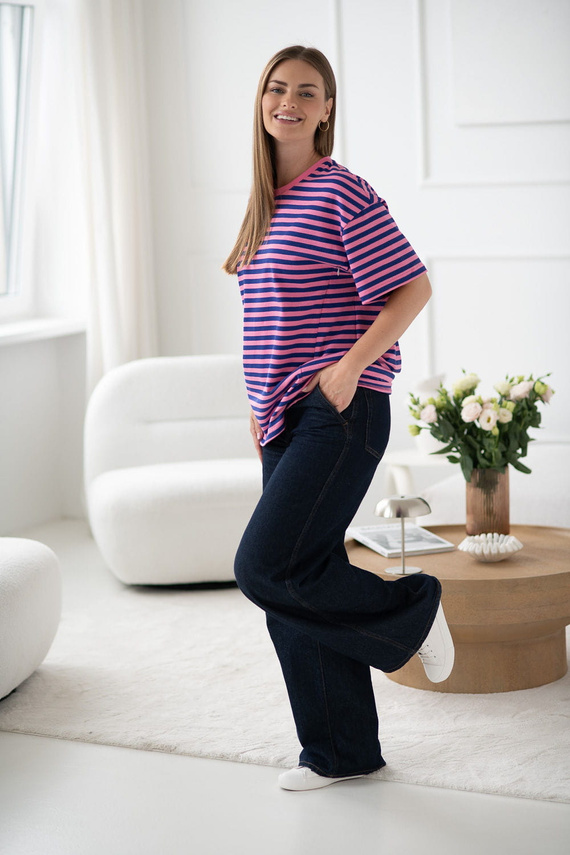 Mamahood Milk&Love rózsaszín és kék csíkos kismama és szoptatós póló - kényelmes és stílusos
