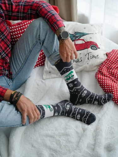 1290-030 Férfi karácsonyi zokni Milena melange 03 - Autó karácsonyfával, pamut